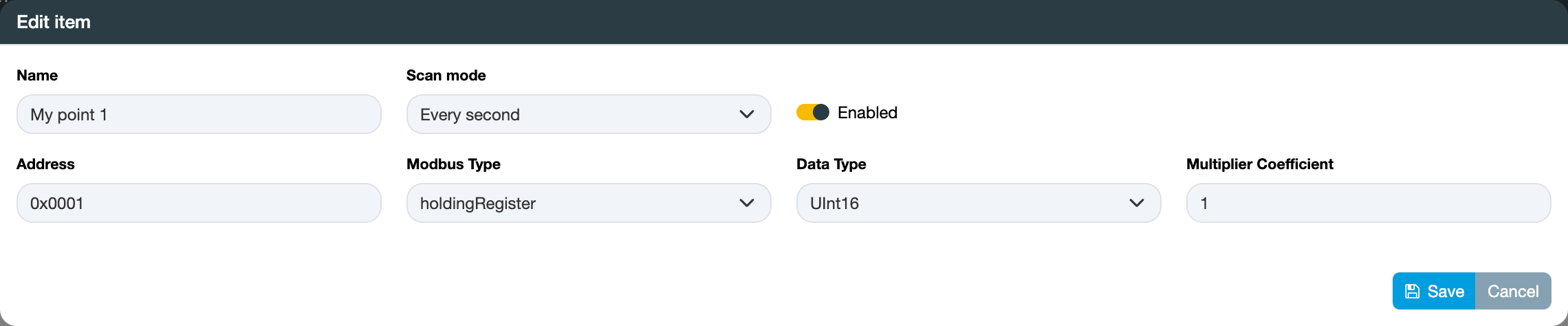 Modbus item settings