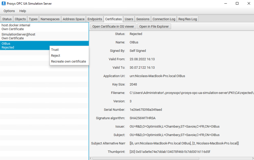 Prosys OPCUA Simulation Server Certificates